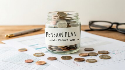 Glass jar filled with coins labeled Pension Plan with financial graphs and pens on wooden table