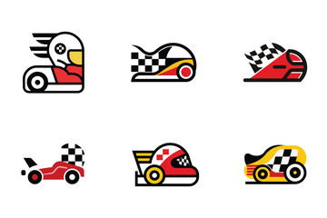Collection of Six Unique Racing Car Icons with Bold Colors and Dynamic Designs for Automotive Themes