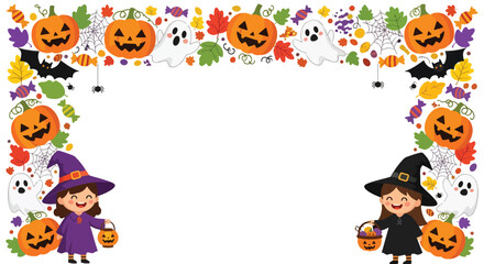 Adobe illustrator artwork vector illustration. Festive Halloween frame with cute witch kids, pumpkins, ghosts, and colorful autumn leaves. Perfect for invitations, banners, and promotions