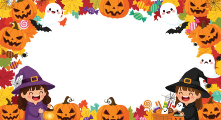 Adobe illustrator artwork vector illustration. Festive Halloween frame with cute witch kids, pumpkins, ghosts, and colorful autumn leaves. Perfect for invitations, banners, and promotions
