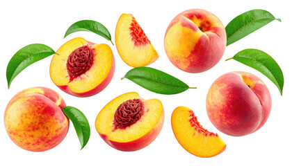 Close-up of several whole and sliced peaches, with vibrant colors and green leaves