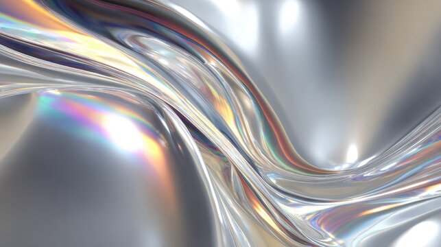Fluid chrome-like holographic foil curves in silver tones, modern abstract design with futuristic reflections and glossy depth