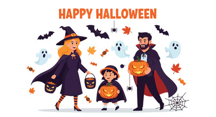 Adobe illustrator artwork vector illustration. Happy family in Halloween costumes trick-or-treating with pumpkins, ghosts, and bats. Ideal for holiday greeting cards and festive promotions