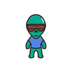 doodle of alien character with a teal-green body, wearing a blue t-shirt and brown visor-like glasses with a pink stripe. The alien has a large head, small body, and simple, bold outlines