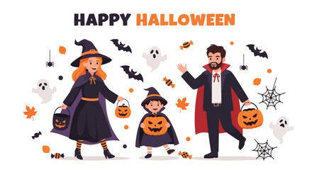 Adobe illustrator artwork vector illustration. Happy family in Halloween costumes trick-or-treating with pumpkins, ghosts, and bats. Ideal for holiday greeting cards and festive promotions