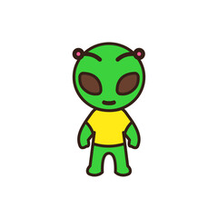 doodle of alien character with a green body, wearing a yellow t-shirt. The alien has large, dark brown oval eyes, a small smiling mouth, and two small pink antennae-like bumps on its head
