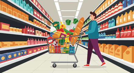 Woman Shopping for Groceries in a Modern Supermarket Aisle with Fresh Produce and Packaged Goods