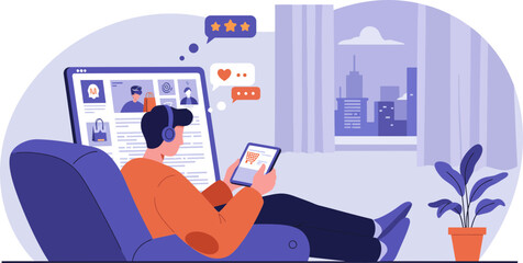 Modern digital content creator engaging with social media from a cozy city apartment