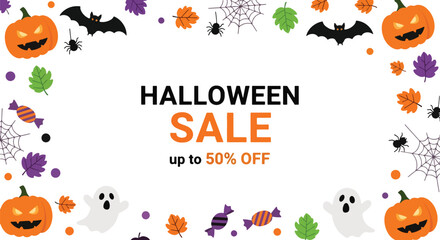 Adobe illustrator artwork vector illustration. Festive Halloween sale banner with pumpkins, ghosts, bats, and fall leaves. Ideal for promoting holiday discounts and seasonal offers