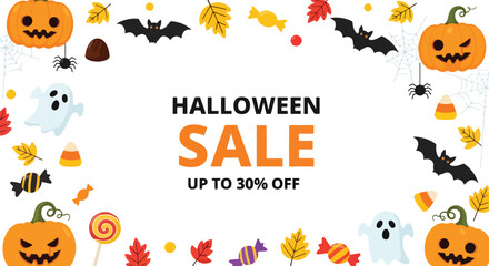 Adobe illustrator artwork vector illustration. Festive Halloween sale banner with pumpkins, ghosts, bats, and fall leaves. Ideal for promoting holiday discounts and seasonal offers