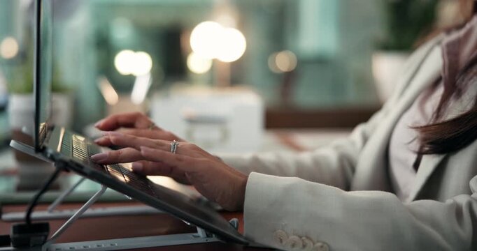 Business, hands and woman with laptop, night and typing with magazine website, bokeh and email. Evening, person and journalist in workplace, computer and copywriting with deadline for news report