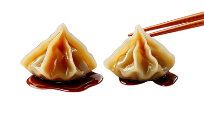Asian Steamed Dumpling with Chopsticks and Sauce Drop, isolated on transparent background