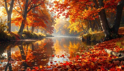 Autumn leaves float downriver