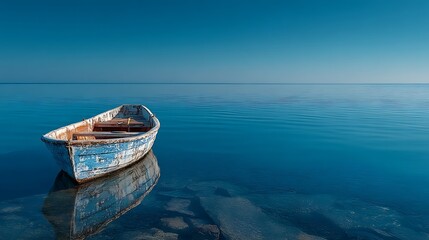 Obraz premium Tranquil calm sea under a clear blue sky with a small boat placed at the lower right corner, leaving vast open blank space for overlay, design, banner or creative text placement.