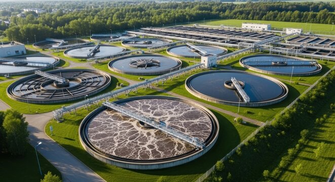 Aerial view of a wastewater treatment facility with multiple circular tanks and processing equipment, surrounded by green fields and trees