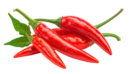 Red chili peppers clustered, with leaves