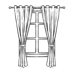 window with curtains vector hand drawn illustration