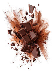 Chocolate explosion in a swirl of cocoa.  Dark chocolate chunks burst outward in a dynamic splash of powdered cocoa