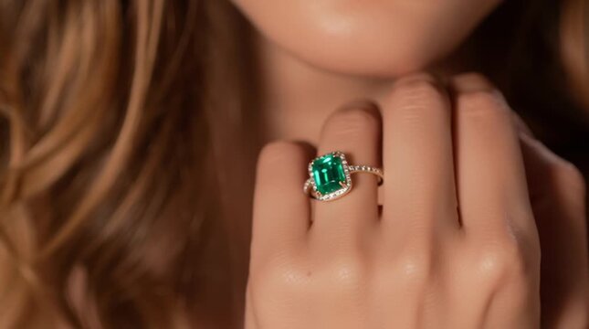 Ultra-realistic portrait video of a young European woman, natural beauty with soft features, cinematic lighting, wearing a Colombian emerald ring with diamond halo, focus on jewelry, warm pastel tones