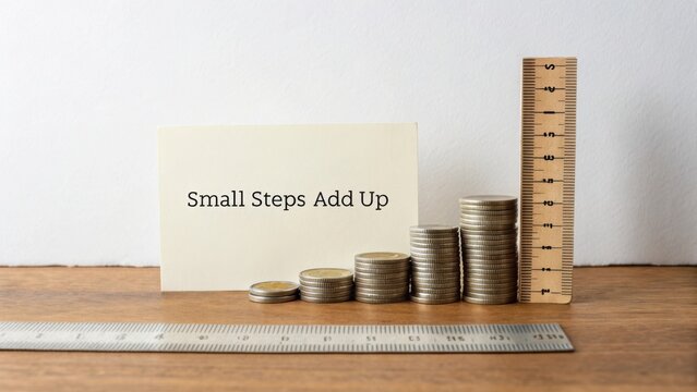 Small Steps Lead to Financial Growth with Stacked Coins and Ruler Demonstrating Progress and Achievement Concept