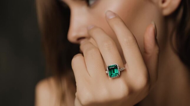 Ultra-realistic portrait video of a young European woman, natural beauty with soft features, cinematic lighting, wearing a Colombian emerald ring with diamond halo, focus on jewelry, warm pastel tones