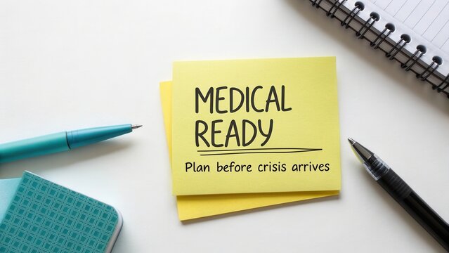 Medical Preparedness Reminder on Sticky Note with Pen and Notepad for Emergency Planning and Crisis Management