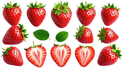 Fresh, vibrant strawberries, whole and sliced, set against black