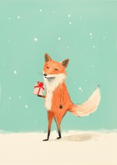 Obraz premium Fox wearing Santa holding gift box and walking animal mammal carnivora.