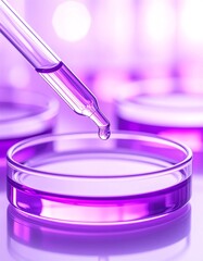 Pipette drips purple liquid into glass dish glow!!