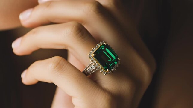 Ultra-realistic portrait video of a young European woman, natural beauty, soft facial features, cinematic lighting, wearing a luxury Colombian emerald ring with diamond halo, focus on jewelry, warm pa