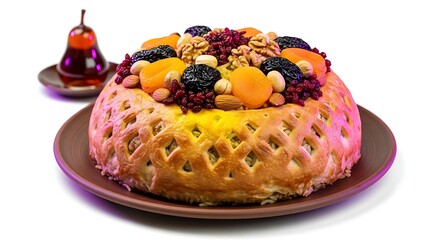 Azerbaijani pakhlava isolated on a transparent glass plate, layers of pastry filled with nuts and honey