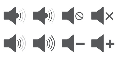 Volume and Speaker Icons Set Sound Symbols Including Mute, Low, Medium, and High Volume Levels in Minimalist Line Style for Media Players, Mobile Apps, and Web Audio Interfaces Vector Grey, Red color.