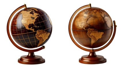 Antique Style Wooden World Globe Variations Set, isolated on transparent background
