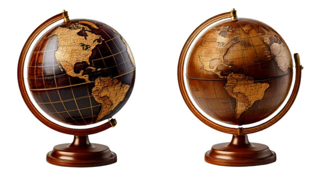Antique Style Wooden World Globe Variations Set, isolated on transparent background