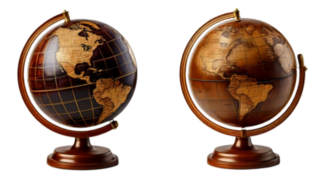 Antique Style Wooden World Globe Variations Set, isolated on transparent background - Powered by Adobe