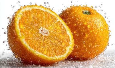 Sliced orange with whole orange, water droplets galore