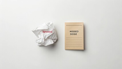 Crumpled Paper with Ignored Note Next to Blank Journal for Recording Medical Missed Doses and Reflections