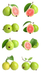 Close-up view of guava fruit, whole and halved, displayed in rows.  Multiple guavas, both whole and cut in half, are shown on a black background, with leaves