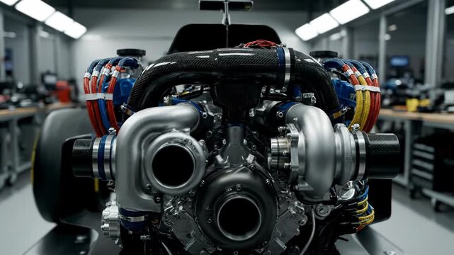 High-performance turbocharged engine in a modern automotive workshop.
