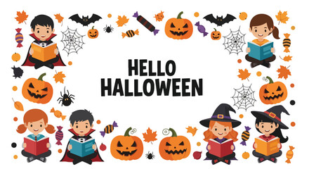 Adobe illustrator artwork vector illustration. Cute kids in various Halloween costumes reading books surrounded by festive decor. Ideal for educational materials, holiday promotions