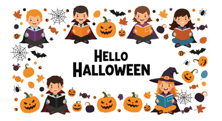 Adobe illustrator artwork vector illustration. Cute kids in various Halloween costumes reading books surrounded by festive decor. Ideal for educational materials, holiday promotions