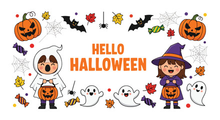 Adobe illustrator artwork vector illustration. Adorable witch and ghost kids trick-or-treating with pumpkins, bats, and spiders. Perfect for banners, invitations, and children's Halloween projects