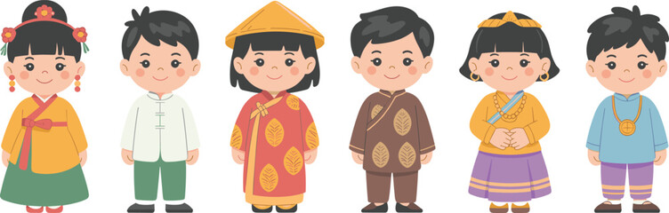 Cartoon children wearing traditional Asian costumes, cultural diversity, cute ethnic outfits, heritage illustration, multicultural kids, Asian traditional clothing, unity concept