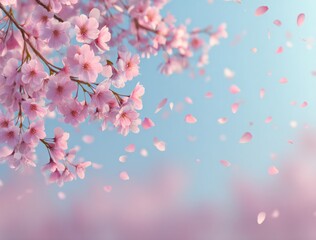 Dreamy spring blossoms with falling petals create a serene and elegant background for branding, invitations, and romantic designs, full of pastel charm