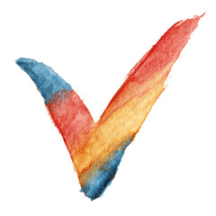 Hand-drawn watercolor checkmark with vibrant hues on a transparent backdrop signifying approval.