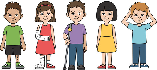 Cartoon children with injuries and disabilities, diverse group of boys and girls, medical concept, standing together, healthcare, recovery, support