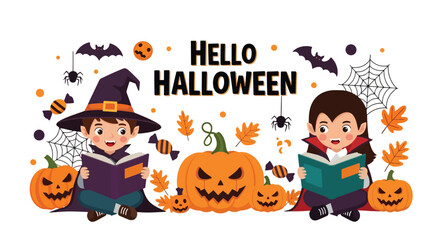 Adobe illustrator artwork vector illustration. Adorable kids in Halloween costumes reading spooky stories. Perfect for children's books, holiday promotions, and educational materials