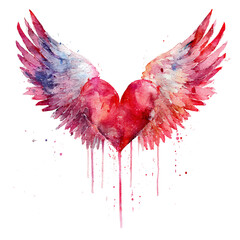 A vibrant red heart with painted wings evokes feelings of love and freedom creatively.