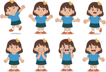 Cartoon girl showing different facial expressions and emotions, animation character set for educational, psychological, and emotional learning concepts
