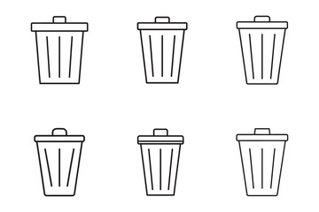 Set of Minimalist Trash Can Icons on White Background Depicting Recycling and Waste Management Concepts